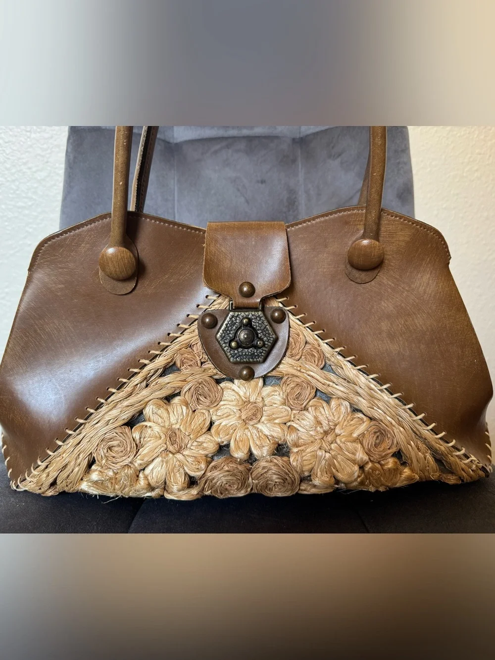 Vintage Rare Mahler California Brown Leather Wood Floral Handbag
